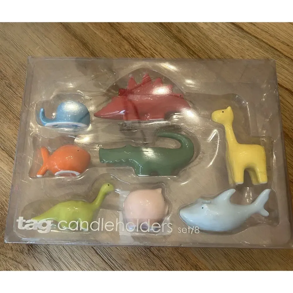 Cake Toppers Colorful Animals Kids BIRTHDAY CANDLE HOLDERS Set of 8 By Tag EUC